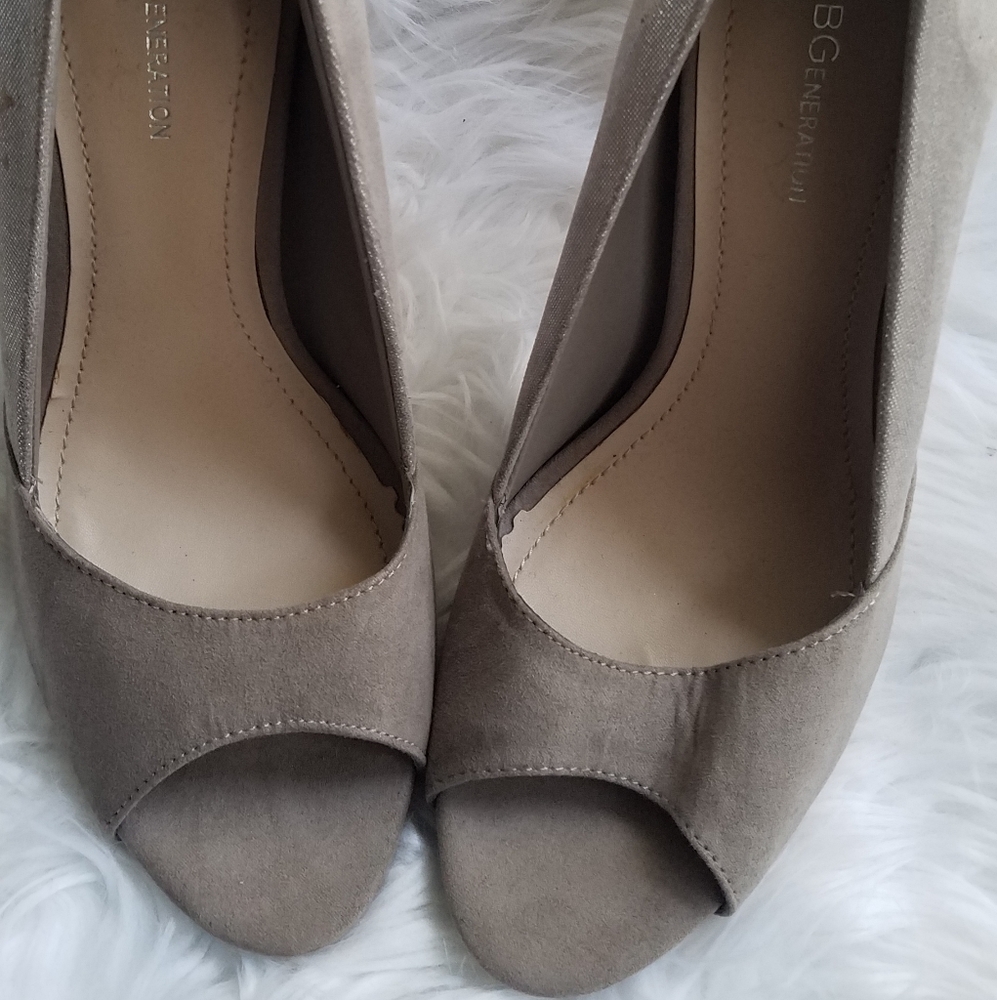 Tan shimmer open toe heels